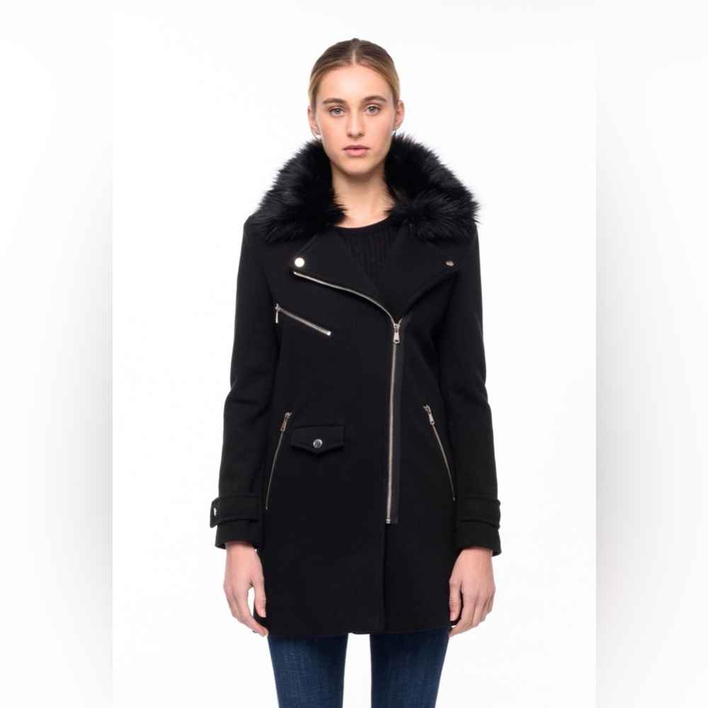 John + Jenn Wilbur Caviar Faux Fur Collar Coat - Picture 1 of 5